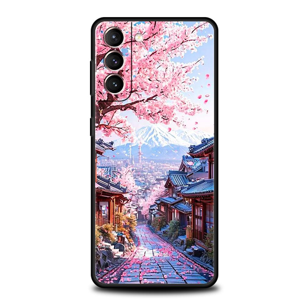 Japanese Style Temple And Cherry Blossoms Phone Case for Samsung Galaxy S25 S24 S23 S22 S20 S21 FE Ultra Plus S25Edge Soft TPU