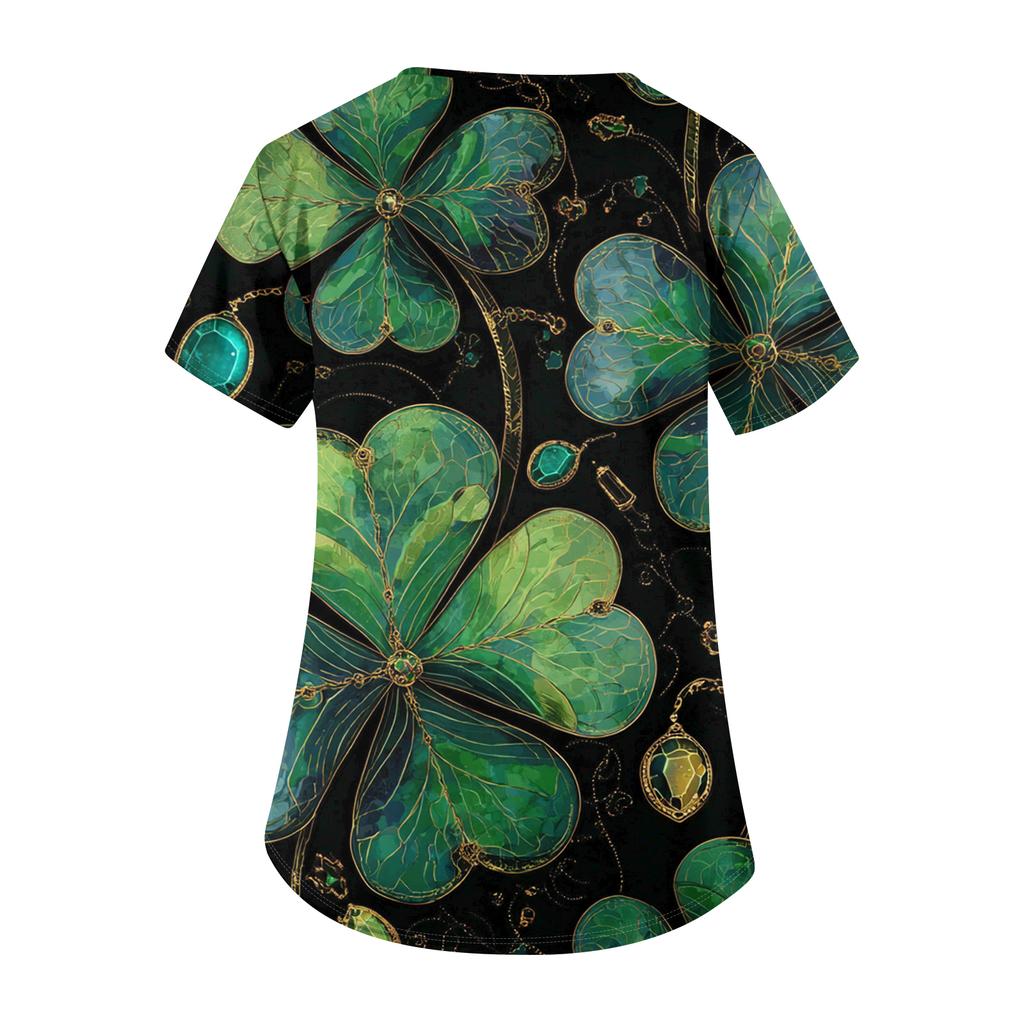 Ladies' St. Patrick Print Fashionable V-neck Pocket Short Sleeved Uniform And Caregiver Top