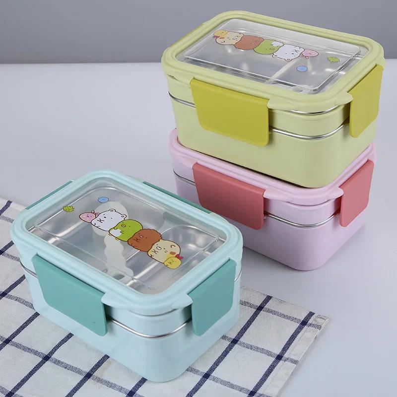 Double Layer Portable Stainless Steel Cartoon Food Container Microwave Bento Box for Kids Children Picnic School
