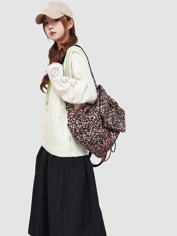 Модный ретро-рюкзак из парусины с леопардовым принтом и завязками, 2025 год - большая вместимость