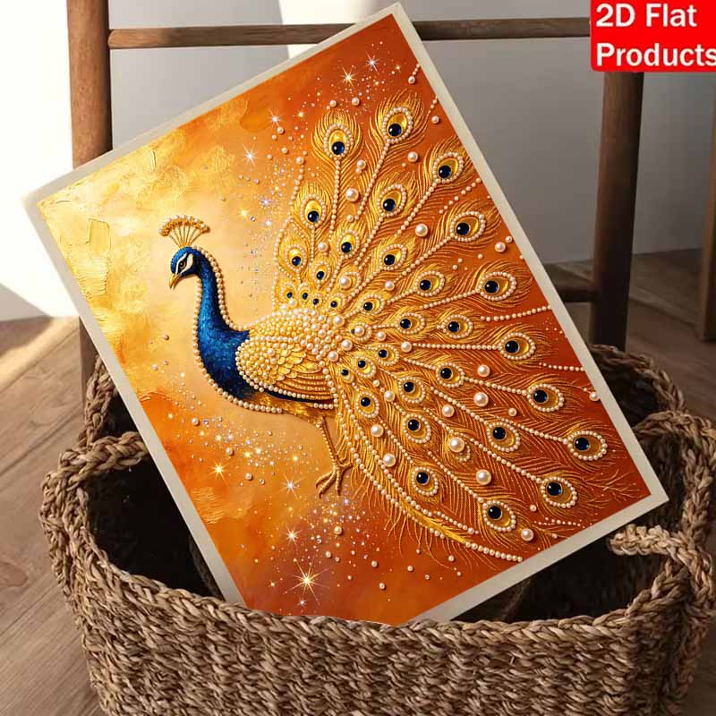 This golden peacock pearl painting kit features 5D pearls and a mosaic art style. designed for elegant home wall decoration.