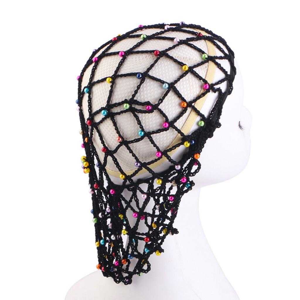 Mesh Hair Net Polyester Knit Snoods Crocheted Sleep Cap with Faux Pearls Decoration Fashionable Head Cover for Women