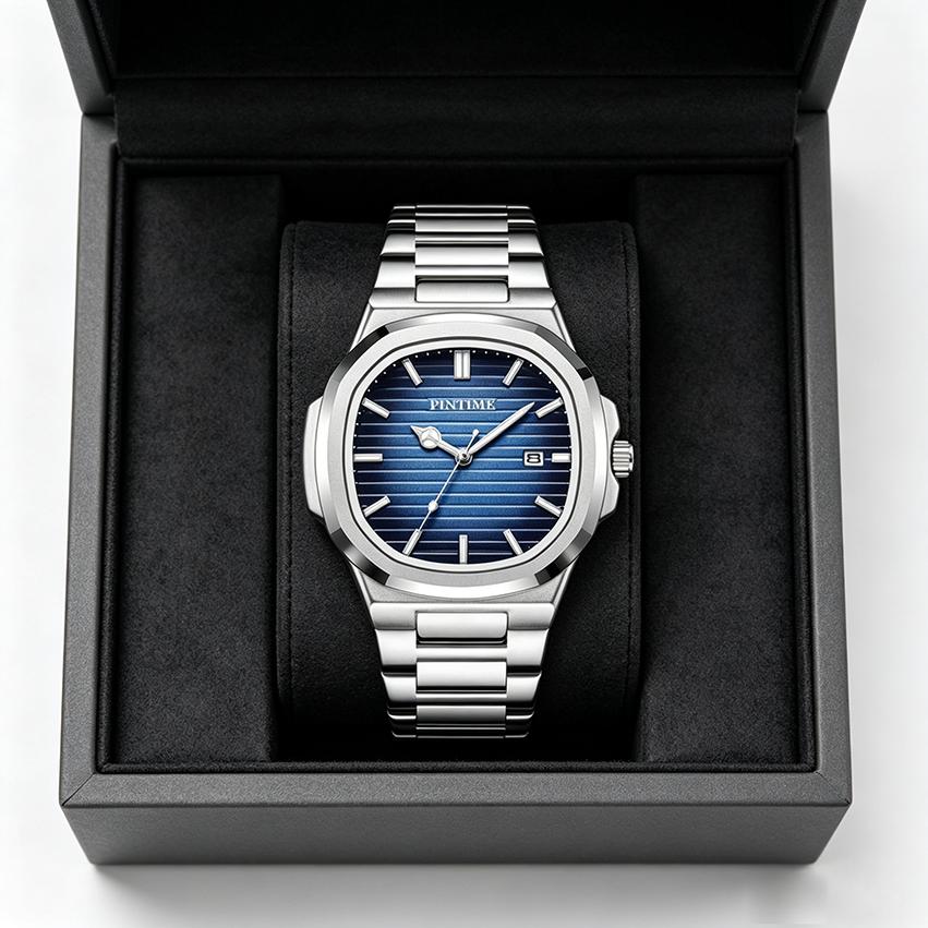 Luxury Man Watch Square Waterproof Luminous Date Week Men Watch Stainless Steel Quartz Men's Watches Reloj+box