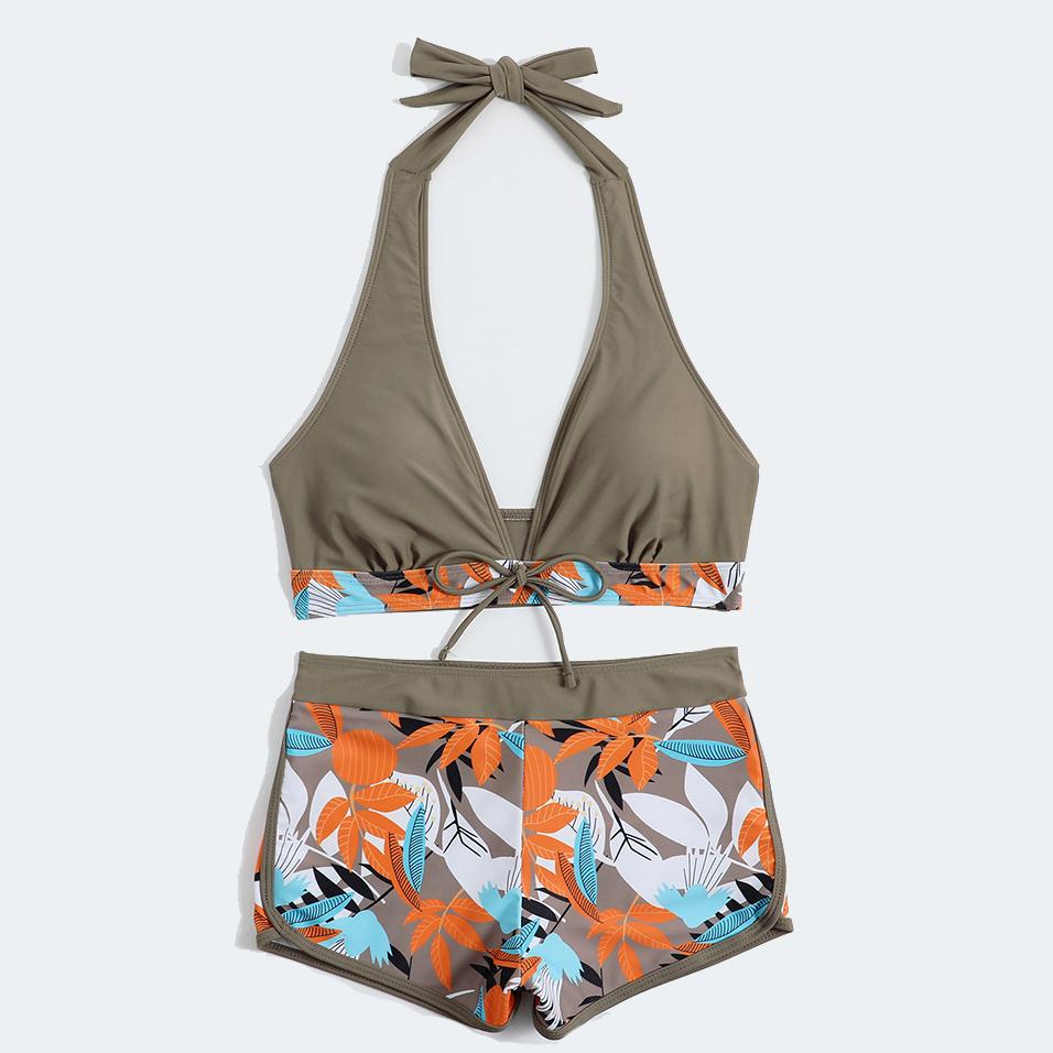 Сексуальные бикини женские летние из двух частей купальник с принтом женский пуш-ап Холтер с рюшами и запахом спереди купальный костюм с высокой талией