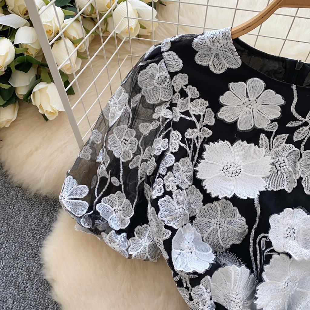 Элегантное цветочное вышитое О-образное платье в стиле винтаж с коротким рукавом и фонариком, шикарное облегающее платье-русалка, французская вечерняя женская одежда для улицы