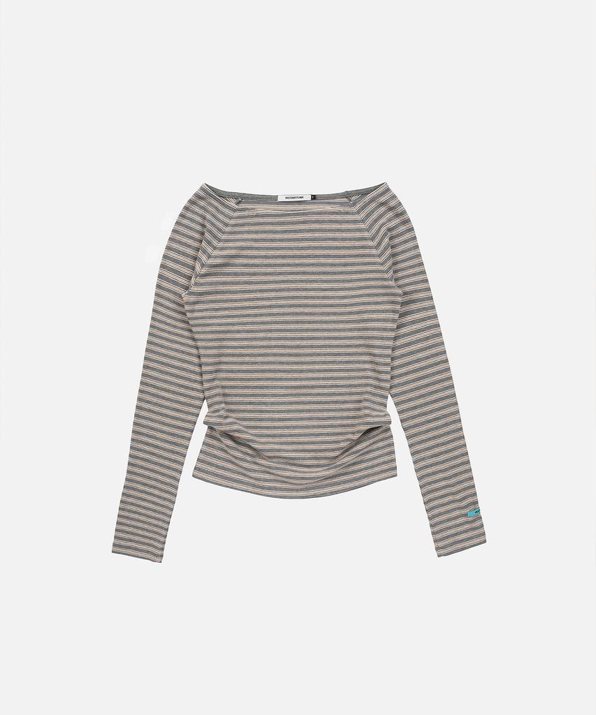 INSTANTFUNK Stripe Off Shoulder Neck Tee - Gray