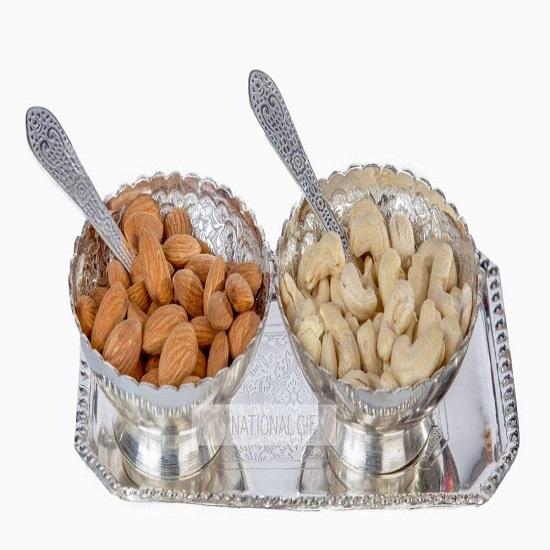 Handmade Set of  German Silver Cups with Tray and Spoon In Beautiful Gift Box and Bag