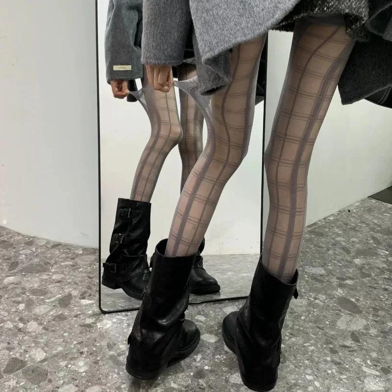 Женские колготки в клетку JK, черные, до бедра, колготки, женское сексуальное белье, Y2k, боди-колготки, плотные колготки