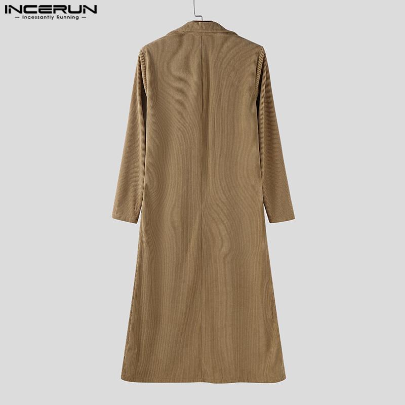 INCERUN Autumn Winter Men Lapel Neck Long Sleeve Open Front Long Corduroy Cardigan Coatsx