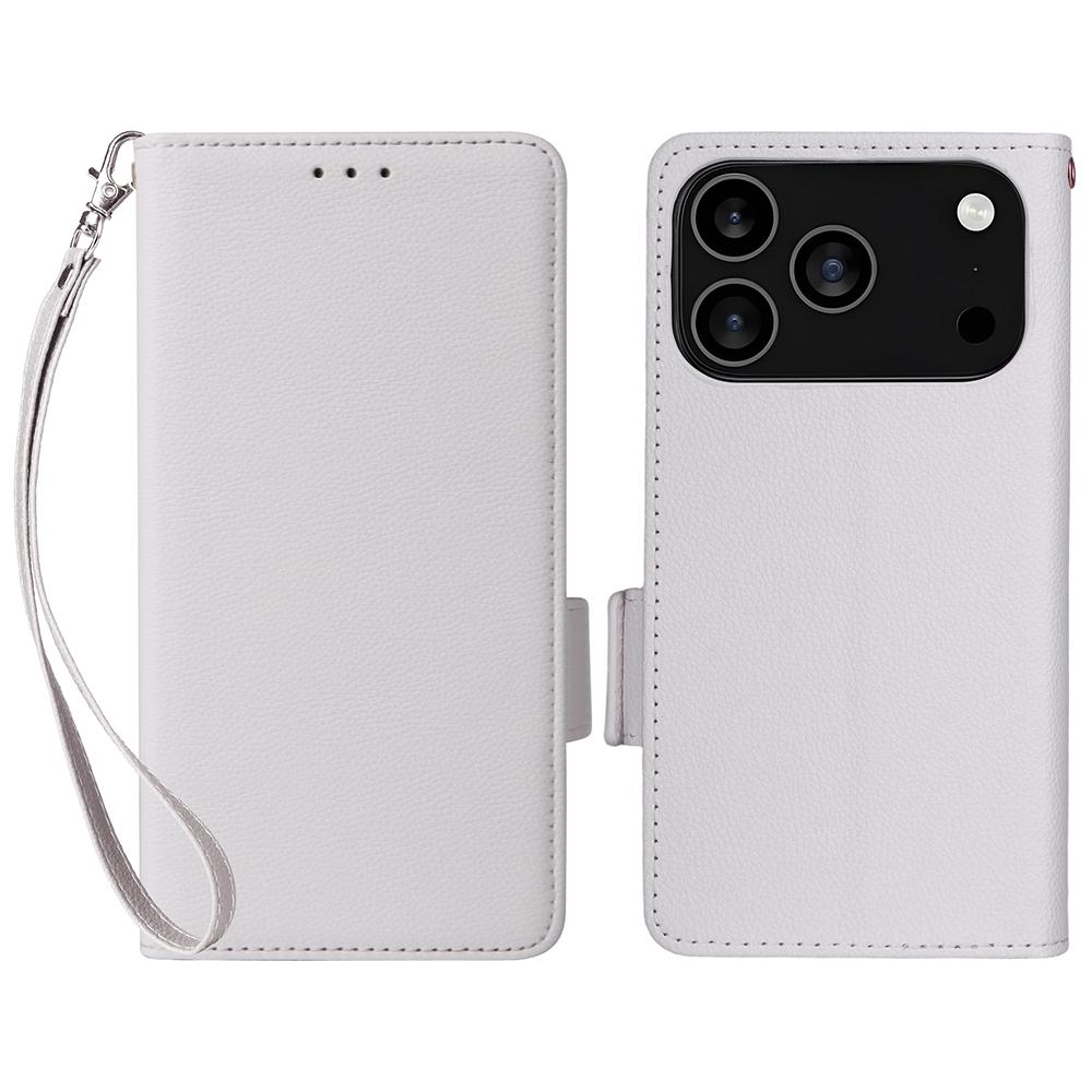 For iPhone 17 Pro Max Case with Wrist Strap Litchi Texture PU Leather Wallet Phone Cover