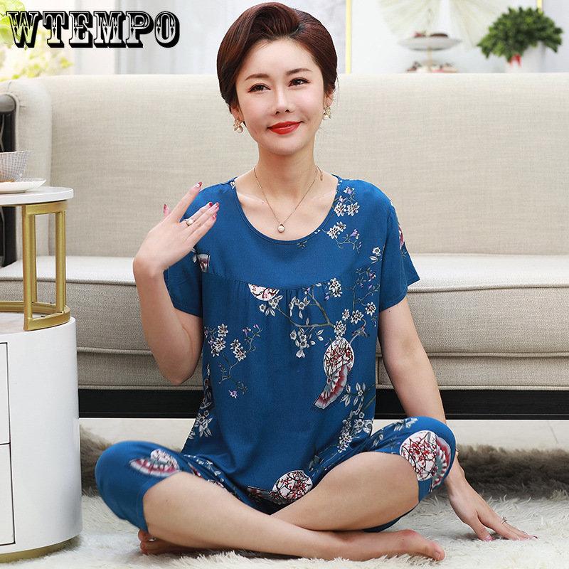 WTEMPO Летний комплект из двух предметов для мамы, одежда для бабушки большого размера, футболка с короткими рукавами, комплект брюк, домашняя одежда