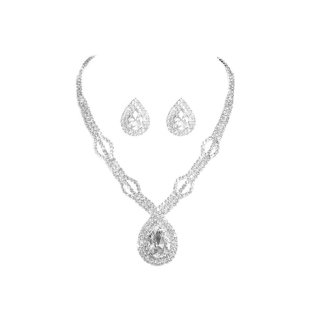 Stylish Sparkling Rhinestone Necklace Earrings Set of Two with a Premium Zircon Drop Pendant