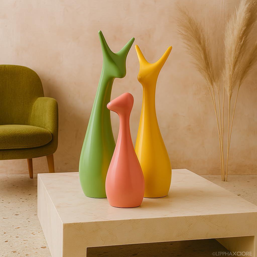 Домашний декор Набор «Счастливое семейство оленей» | Керамические фигурки с отделкой «рояльный лак» - (Набор из 3 цветов: желтый, розовый, цвет попугая)