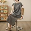 Cotton Dress Summer Loose Large Size Round Neck Pullover Plaid Soft Daily Casual Mid-length Skirt