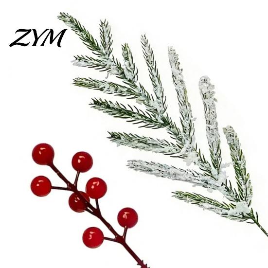 DIY Christmas Garland Decorations Artificial Snow Pine Branches And Red Berry Stems, Snowy Norfolk Stem, Faux Stems for Vase White Frosted Needles