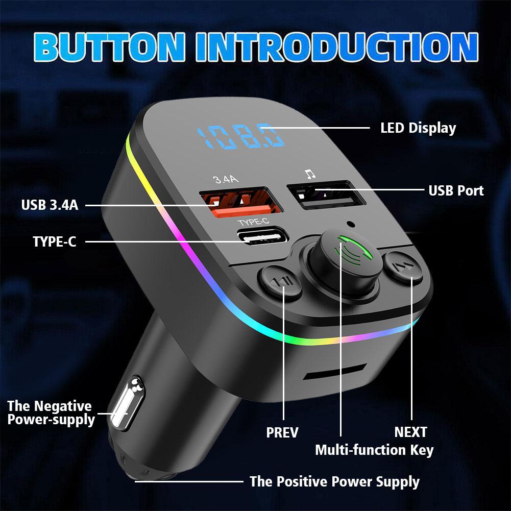 Беспроводной FM-радиокомплект Bluetooth 5.0 Автомобильный FM-трансмиттер Окружающая подсветка Цветной Быстрый модулятор Воспроизведение и MP3 с громкой связью Ch Z2X9