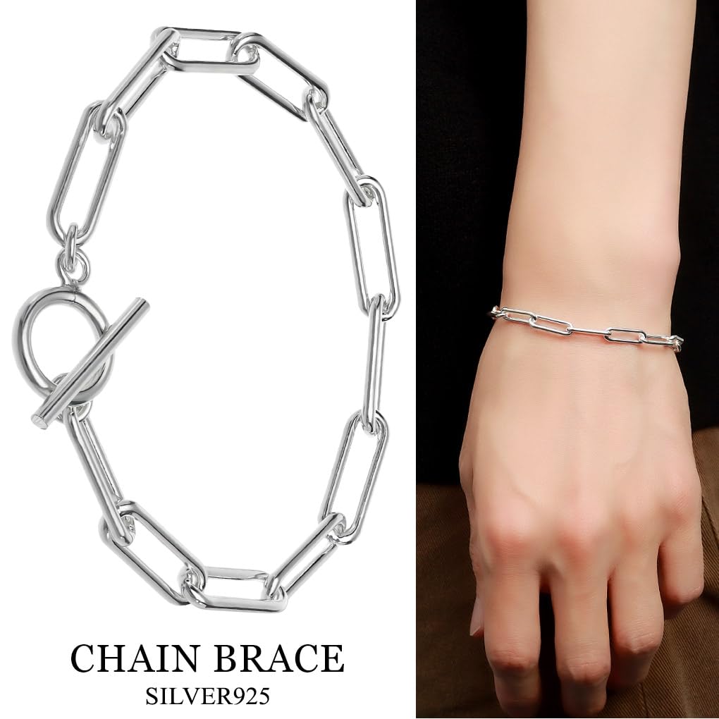 [Shinjuku Gin no Kura] 925 Sterling Silver Long Azuki Chain Bracelet with Mantle and T-Bar, 19cm, Simple Azuki Toggle Clasp