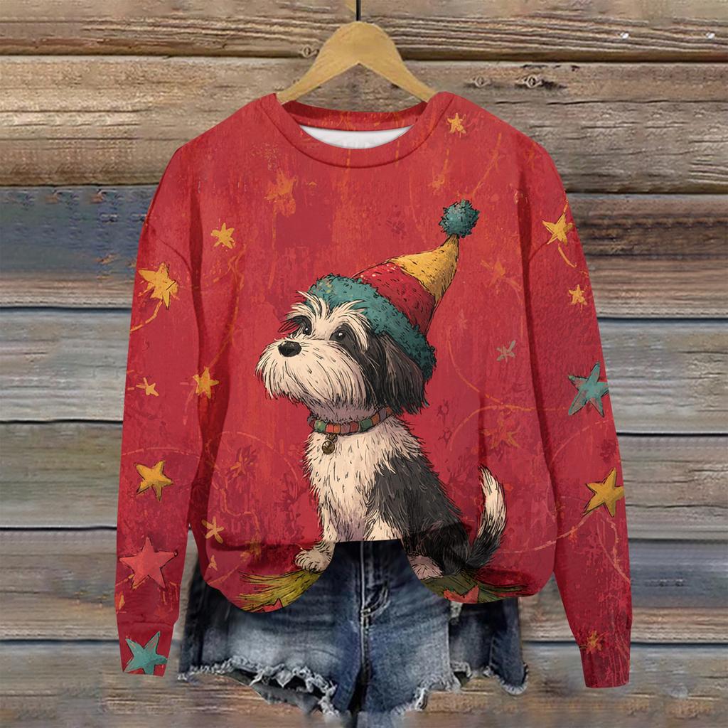 Женская толстовка с рождественским принтом, с длинным рукавом и круглым вырезом, свободный топ