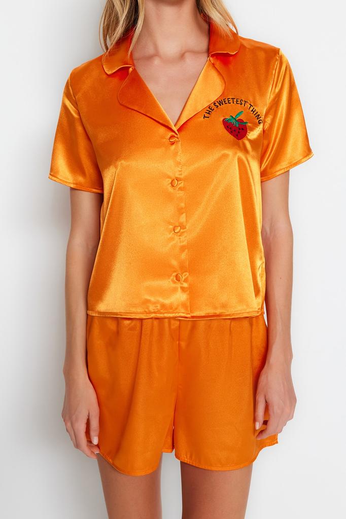 Women's Fashion New Pajama Set Orange Embroidered Satin Shirt-Shorts Woven Pajama Set