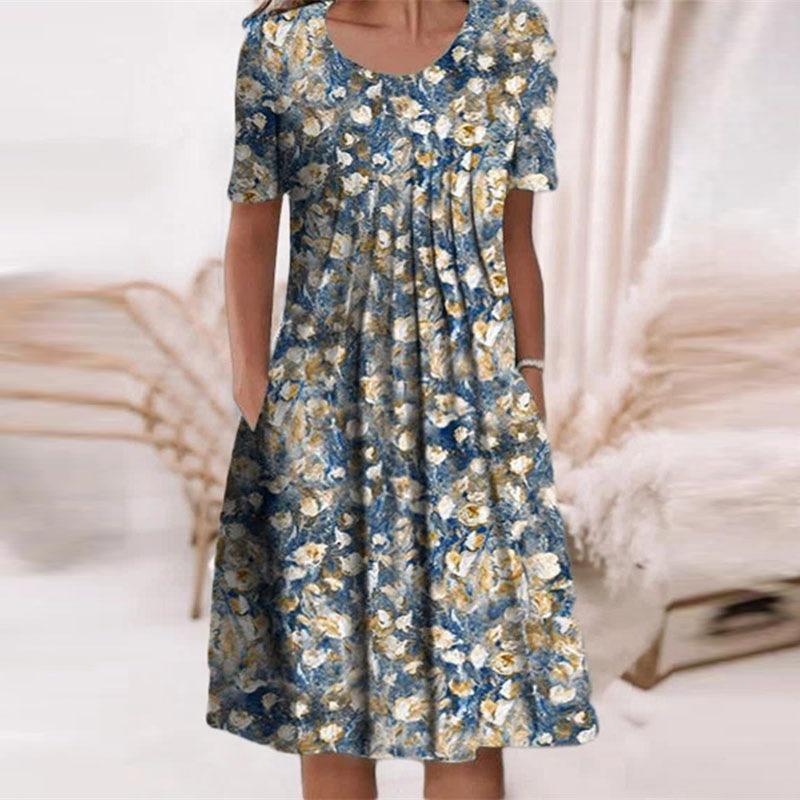 QICED Женская мода лето весна однотонный принт с коротким рукавом и круглым вырезом с высокой талией повседневные платья