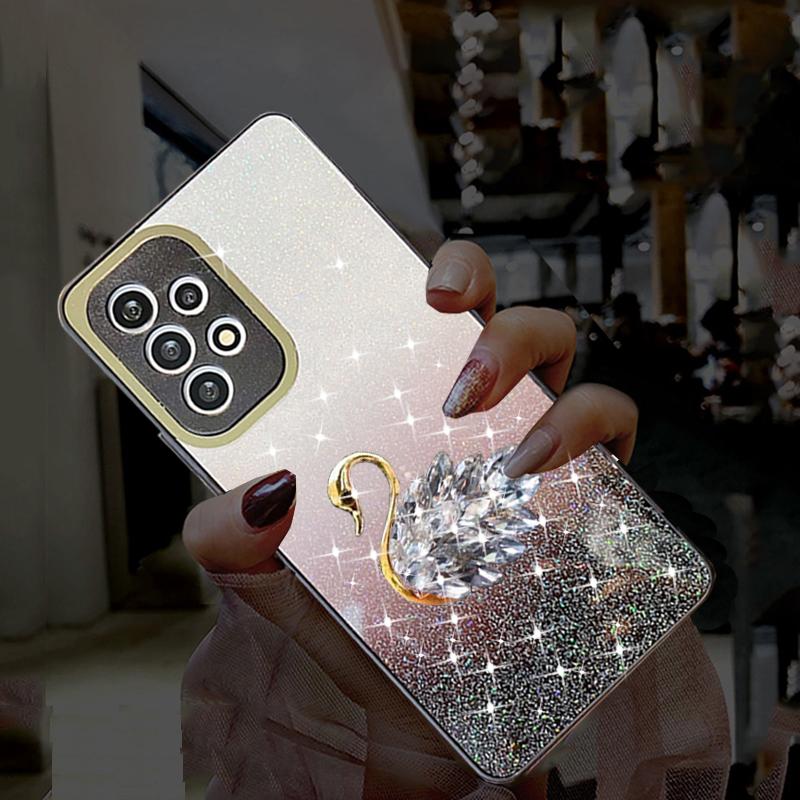 Блестящий чехол с бриллиантами и лебедем для Samsung Galaxy A53 A73 A13 A12 A51 S22 S21 Redmi Note 11 10C iPhone 14 13 12 11 Pro Max Мягкий чехол с градиентом и блестками