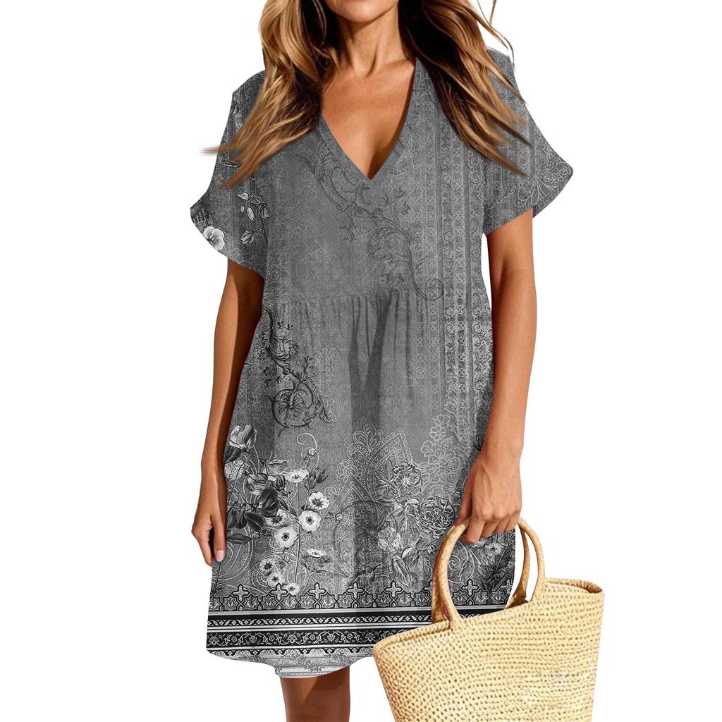 Женское повседневное модное платье с винтажным цветочным принтом и коротким рукавом и V-образным вырезом