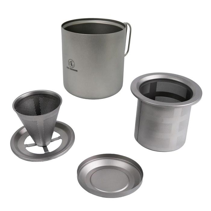 A.S.F. OUTDOOR Titanium Double-Wall Mug Set - CHAHI - 500ml with Lid, Coffee Dripper, Tea Strainer, Stackable, Silver, 9cm x 9.45cm