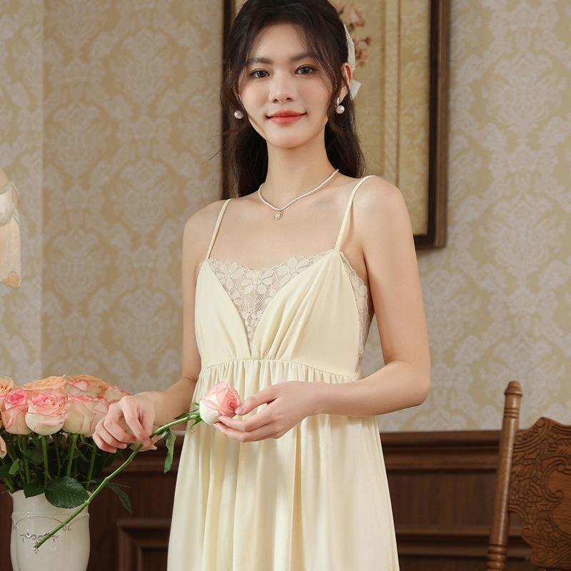 Suspender nightdress women's summer cotton sexy pure desire long princess French pajama skirt with chest pad can be worn outside loungewear
