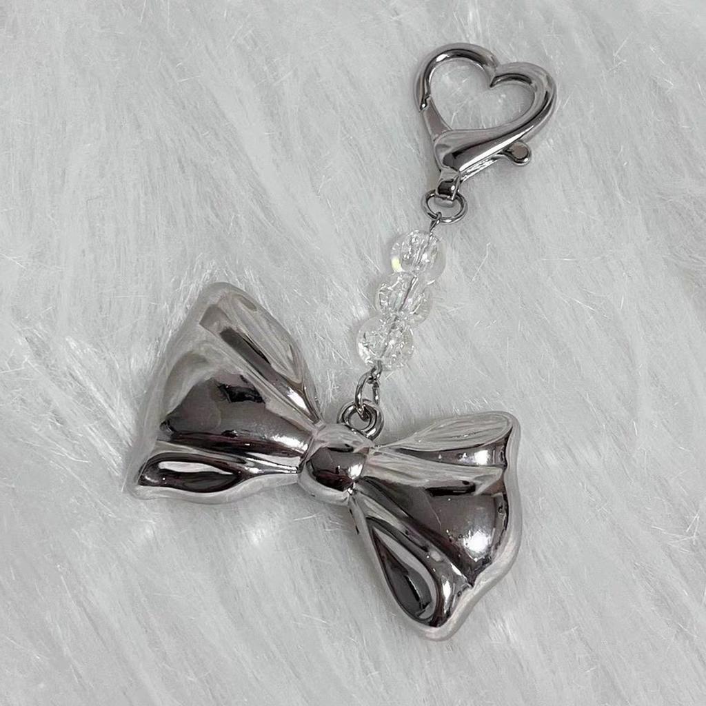 Sweet Lovely Silvery Bowknot Bead Keychains Pendant Hangings Ornament Keyring Backpack Decoration for Women Girls