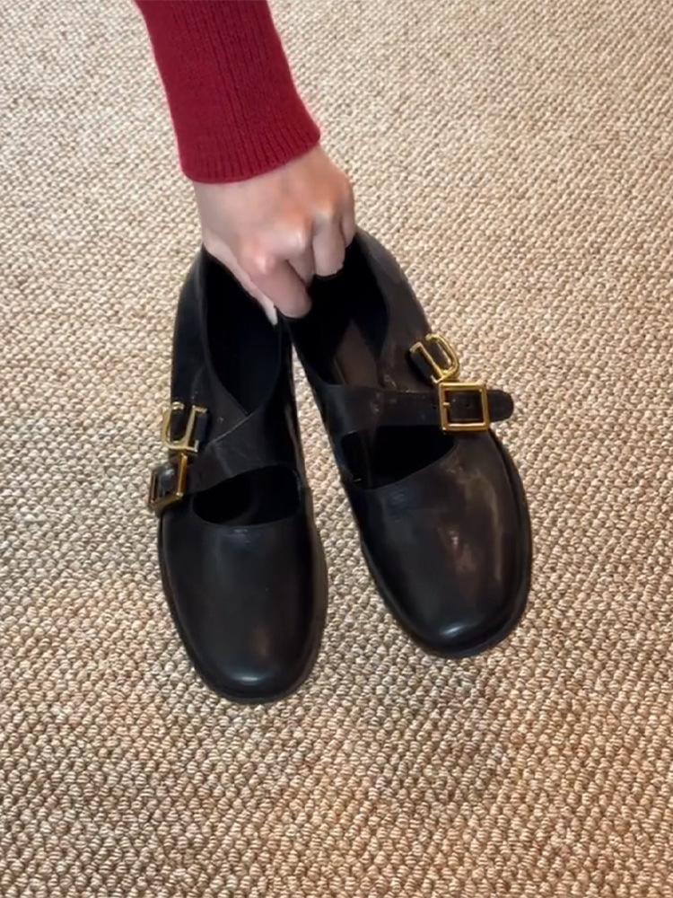 Кожаные ретро круглый носок на толстом каблуке Мэри Джейн маленькие кожаные туфли женские новые французский легкий рот темперамент универсальные туфли