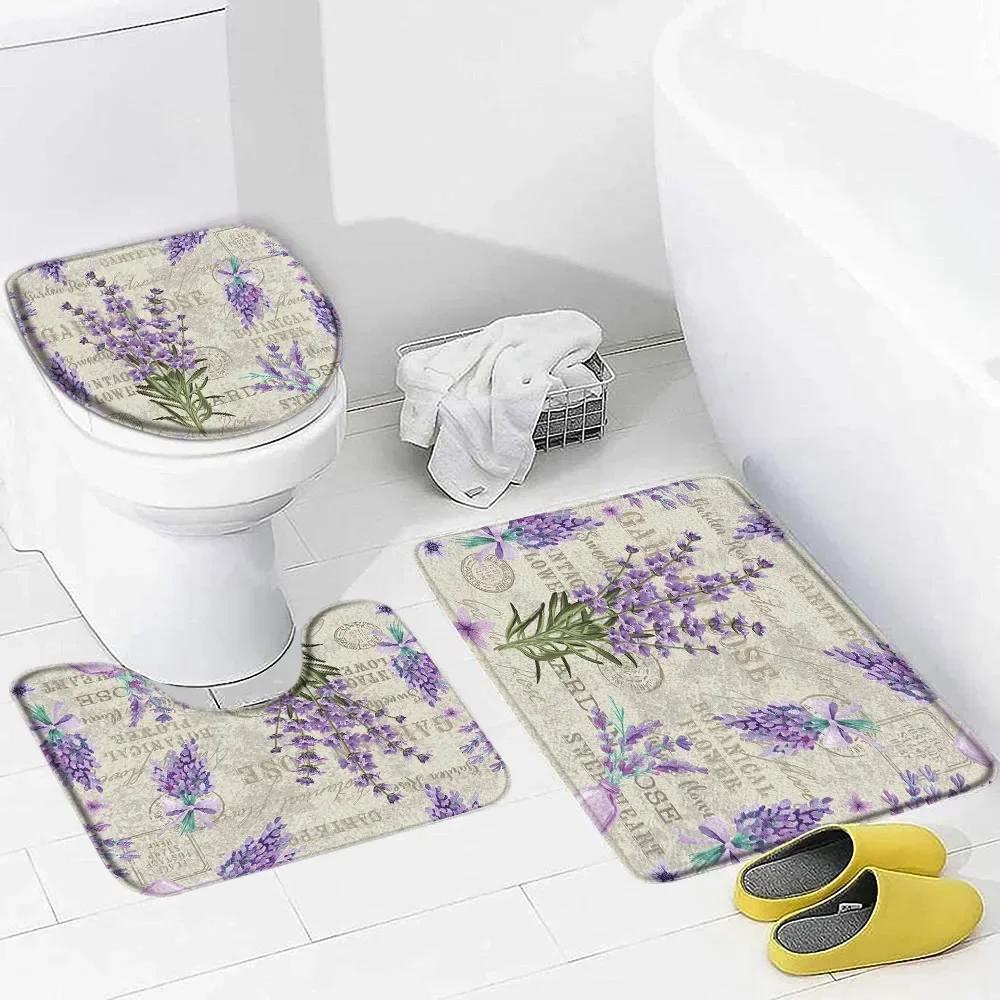 Purple Lavender Bath Mat Set Nature Flowers Plants Butterfly Modern Home Carpet Bathroom Decor Non-Slip Rugs Toilet Lid Cover