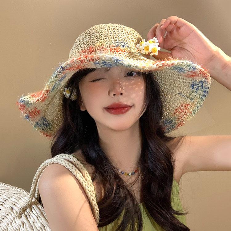 Colorful Woven Women's Summer Seaside Vacation Sun Shading Breathable Hollowed Out Large Brim Hat, Face Enhancing Small Hat