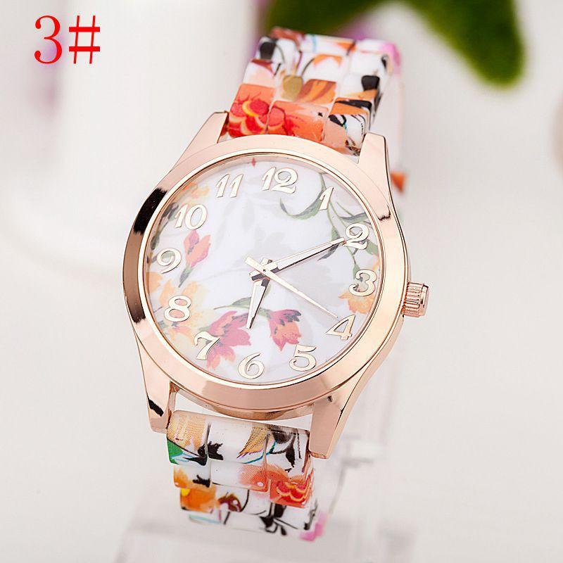 Fashion Geneva Silicone Watch Floral Print Quartz Wristwatch Women