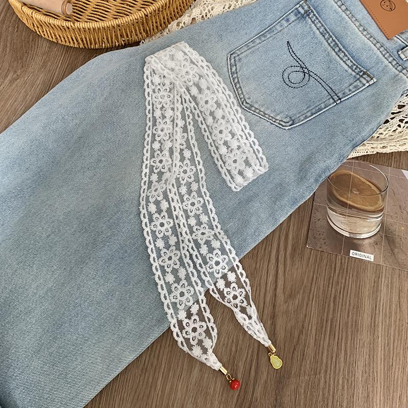 Lace Silk Scarf, Long Strip, High-end Bow, Small Pendant, Scarf, Headscarf, Headband, Decorative Scarf, Waist Belt Can Be Tied.