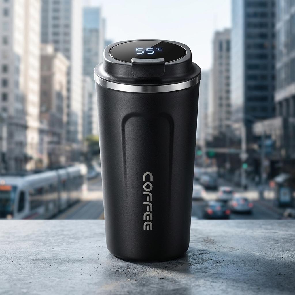 Premium 510ml Stainless Steel Thermos Coffee Cup with Digital Temperature Display High Quality Durable Black White Professional