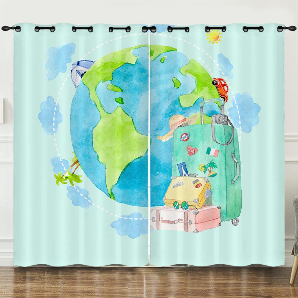 Curtain Hand-Drawn Map Simple Wind 3D Digital Printing Blackout Curtain Punching