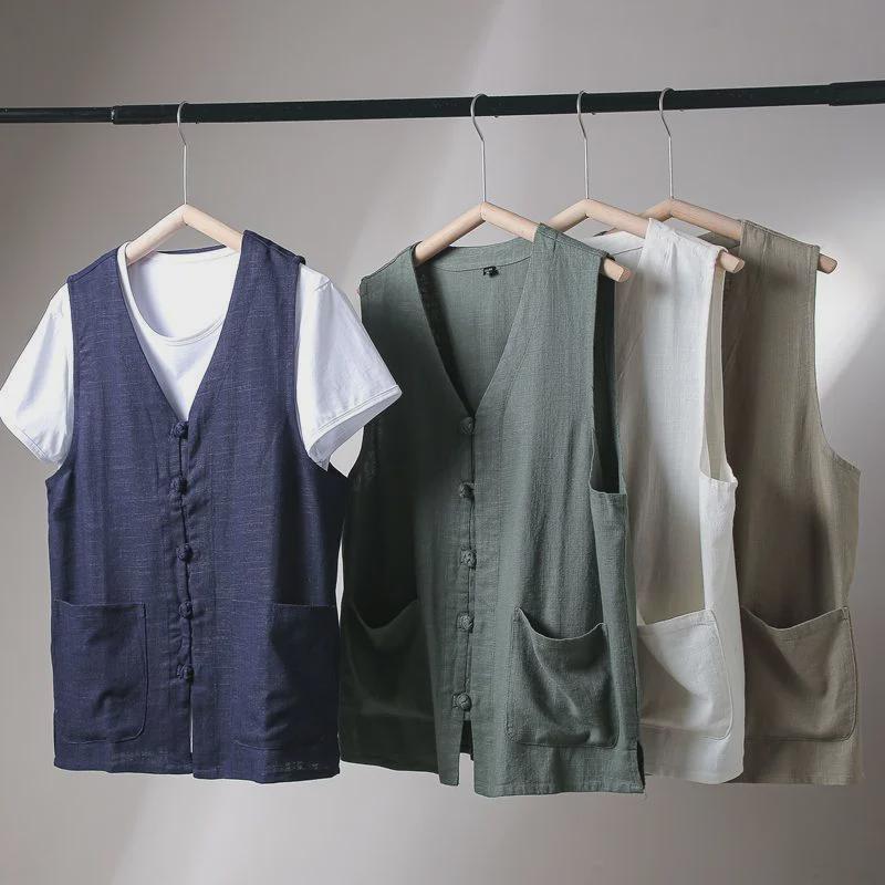 Men's Retro V-Neck Linen Vest - Breathable Summer Style