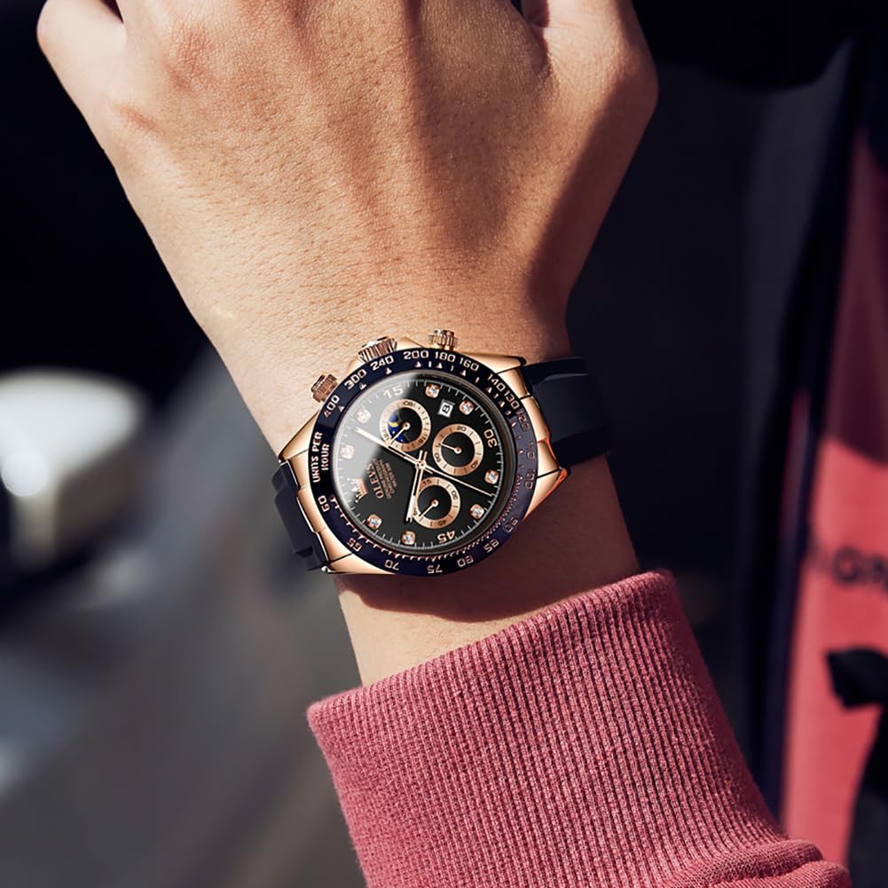 OLEVS Men's Sports Quartz Chronograph Watch Black Silicone Strap Rose Black Dial Date Display 41.5mm Waterproof