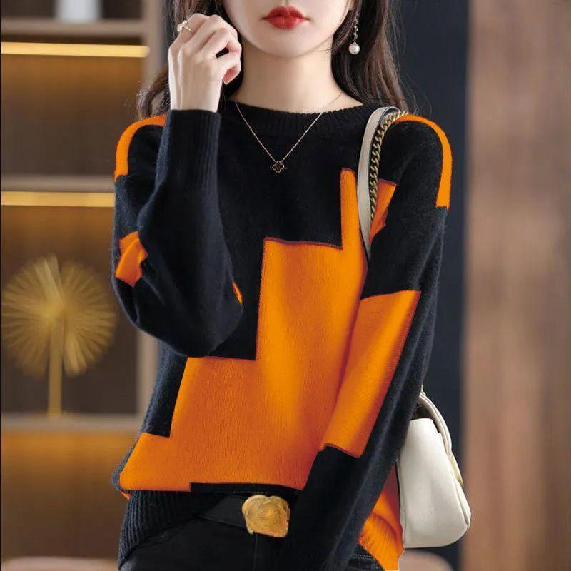 Sweater Women's Round Neck Color Matching Short Warm Soft Waxy Inner and Outer Wear Loose Pullover Knitted Bottoming Shirt