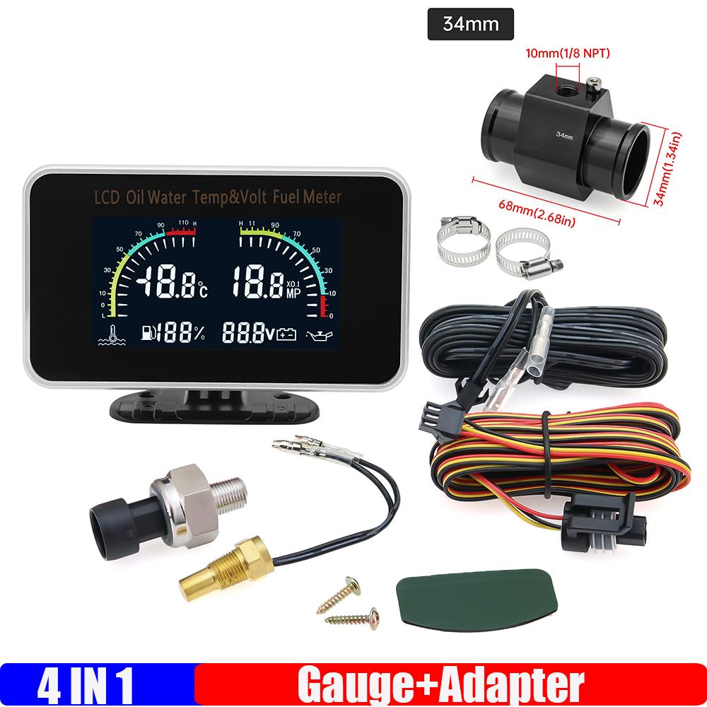 Digital LCD Gauge 4 IN 1 Water Temperature+Oil Pressure+Fuel Level Gauge+Voltage+Temp Joint Adapter Sensor for Car Truck 12V24V