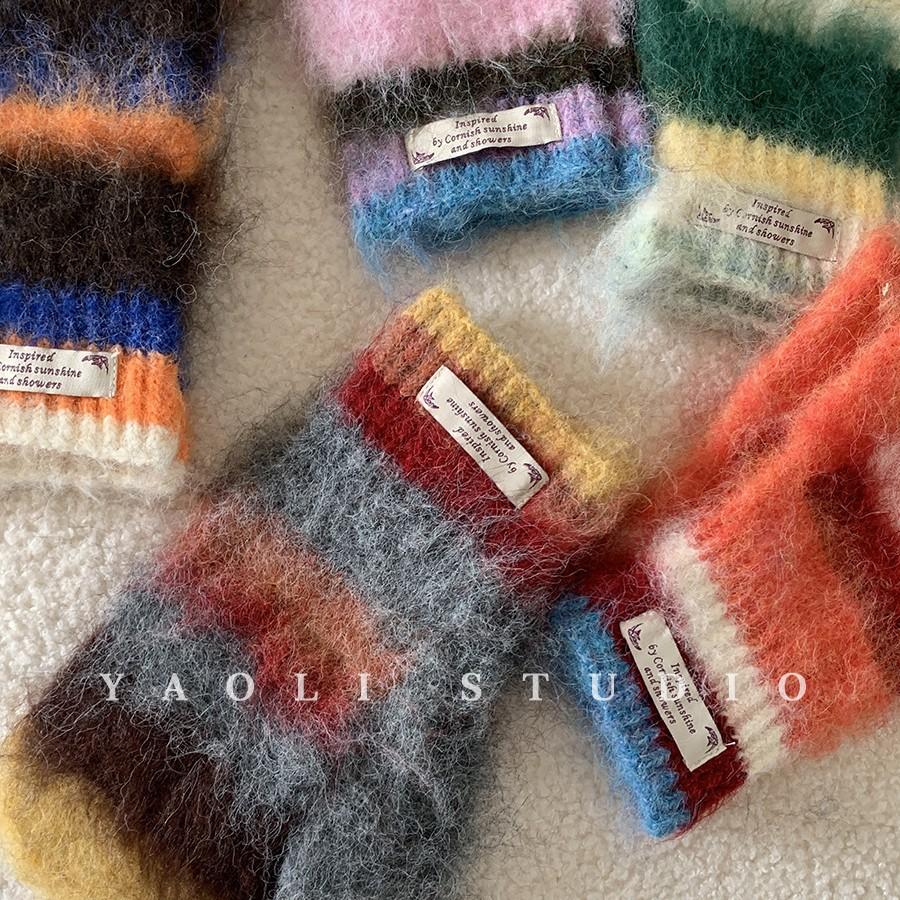 Rainbow Color Blocked Stripes Korean Style Atmospheric Plush Mittens for Women To Keep Warm In Autumn and Winter and Protect Against Cold Waves