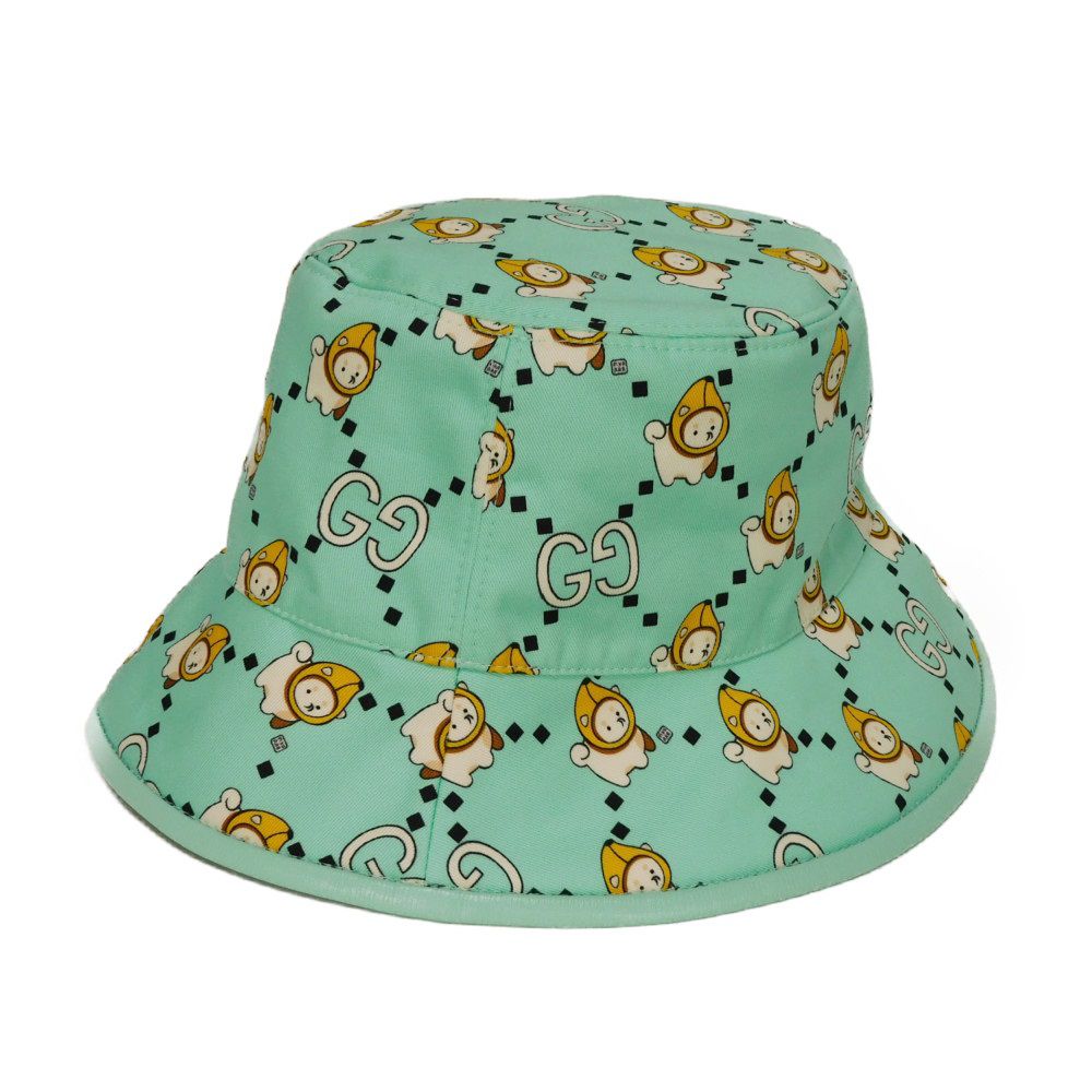 Used 9539 Animal Print Bucket Hat 736960 4HAX3 8469 7919 M 22.8" Banana and Dog All-Over Print Pastel GG Cotton Light