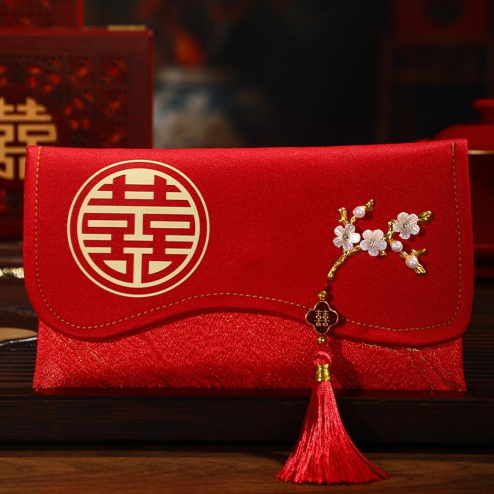 Traditional Red Envelope Best Wishes with Tassel Money Pocket Embroidery Details Handmade Brocade Bag Traditional Gift