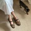 Spring and Summer Footwear Plus Size Comfortable Retro Round Head Shallow Mouth Buckle Flat-bottomed Leopard Shoes Women's Shoes