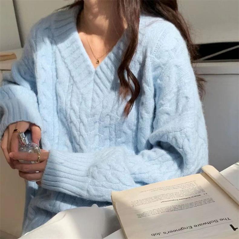 V-образный вырез ленивый ветровой свитер женский осенне-зимний комплект свободная верхняя одежда блузка утолщенный перекрученный вязаный свитер удобный универсальный модный