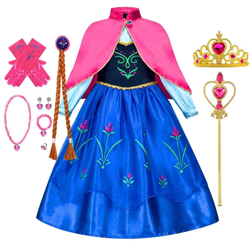 Frozen Anna Princess Girl Dress Halloween Cosplay Party Costume Snow Queen Princess Clothes Children Outfit 2-10 Y