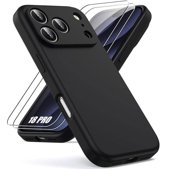 Coque pour iPhone 18 Pro, Protection Silicone Liquide Slim Souple Effet Mat Noir - 2 Verres Trempés