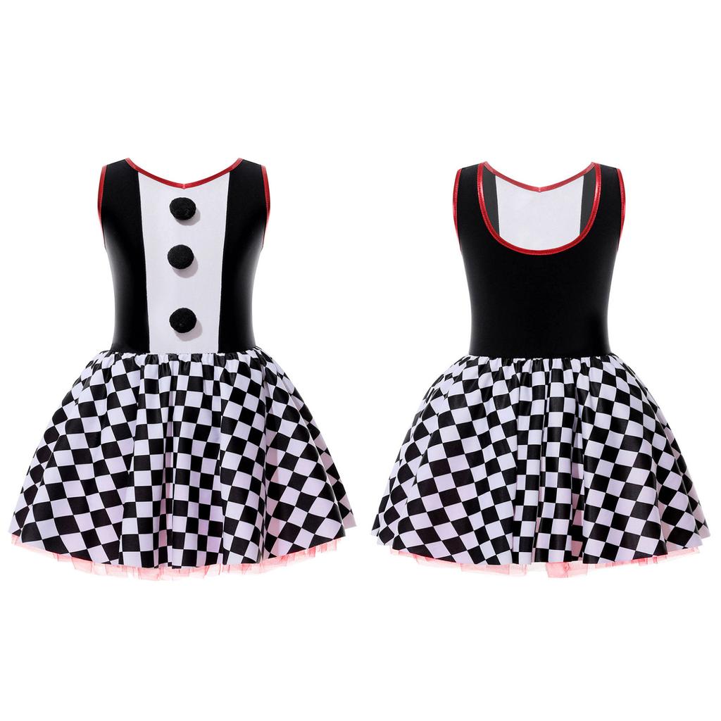 Детский костюм клоуна для девочек, платье в шахматную клетку без рукавов для Хэллоуина, карнавала, вечерние, балетное платье для косплея