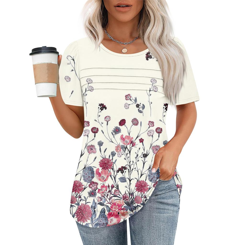 T Shirts For Women Pleated Round Neck Dressy Casual Blouses Printing Short Sleeve Summer Tops Loose Fit