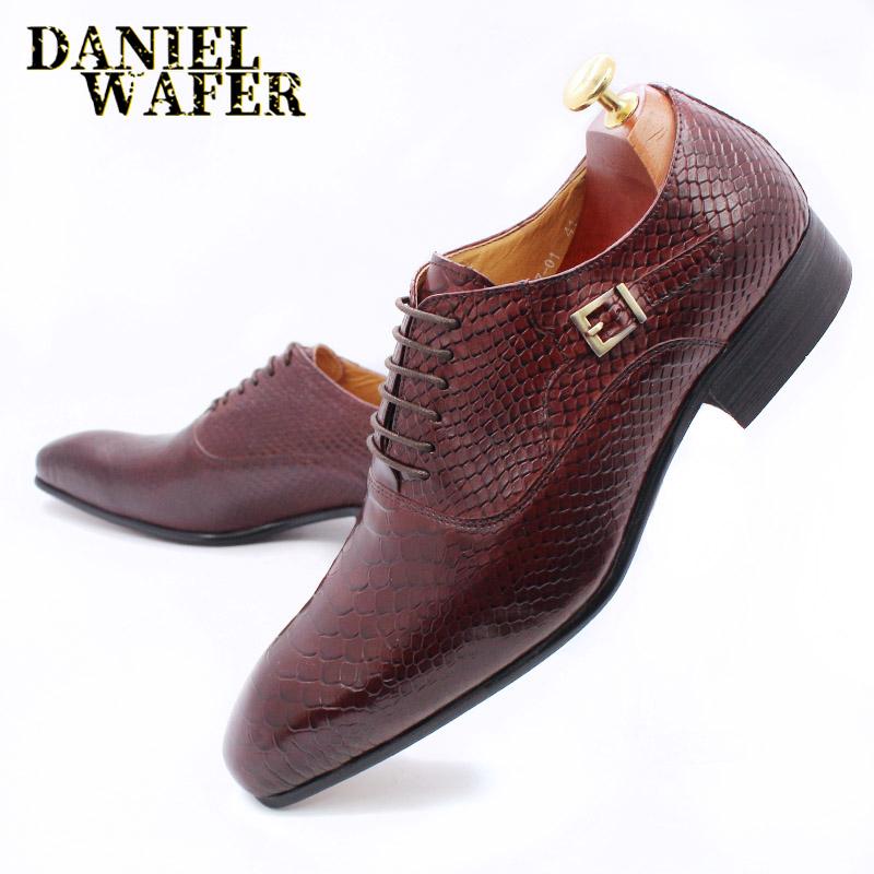 Модная Роскошная Мужская Кожаная Обувь с Принтом Змеиной Кожи, Деловая, Платьевая, Формальная, Классический Стиль, Бургунди, Синяя, Заостренный Носок, На Шнуровке, Оксфорды, Мужская